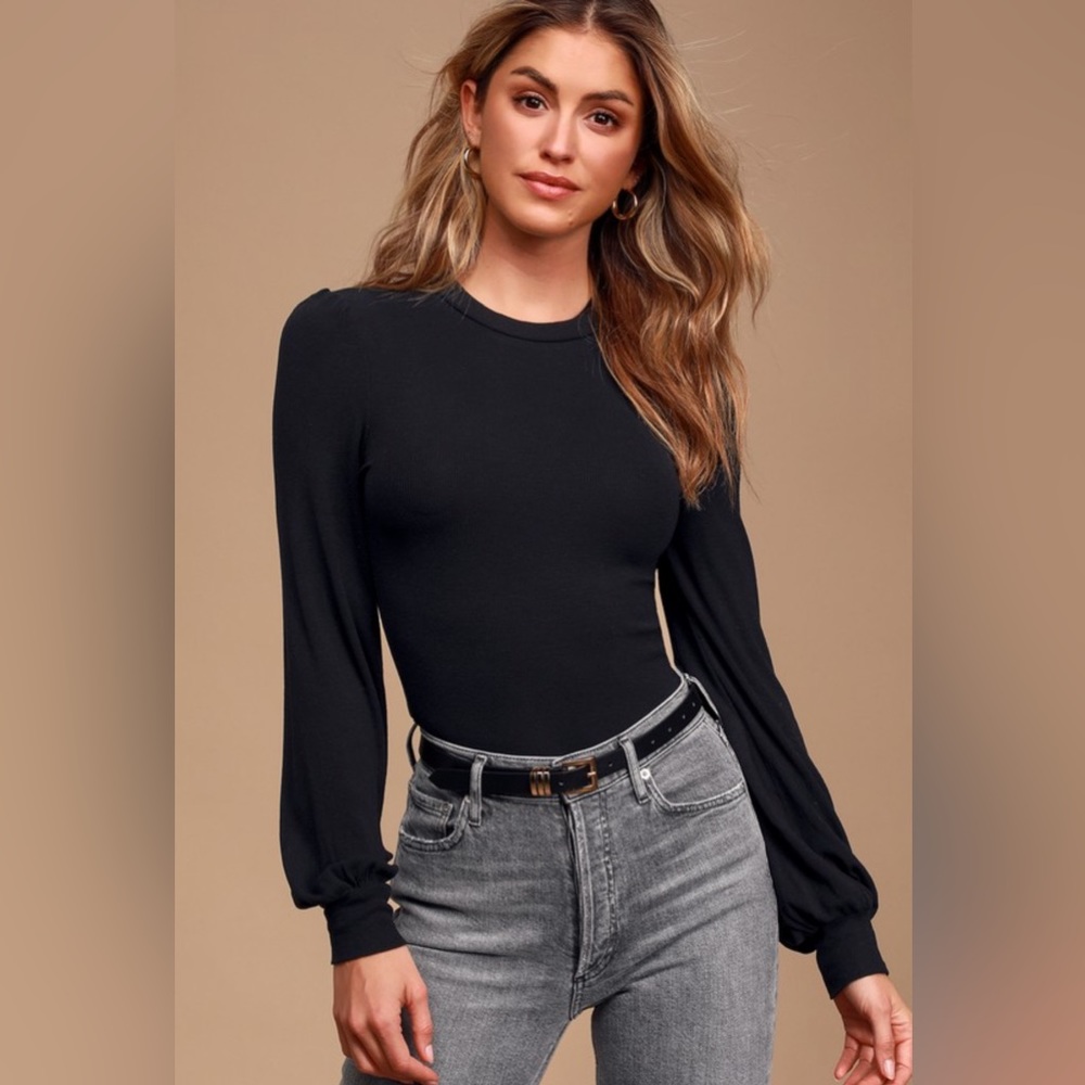 Lulus Black Ribbed Balloon Sleeve Top